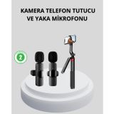 YamanHobi Kablosuz Çift Yaka Mikrofonu ve Tripodlu Selfie Çubuğu İçerik Üretici Seti -
