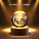 YamanHobi USB Işıklı Ay Kristal Küre 3D Oyma Tasarım Ahşap Standlı Gece Lambası