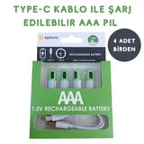 YamanHobi Usb Type-C ile Şarjolabilen 4 Adet AAA 1.5V Lityum Şarjlı Kalem Pil 750 mAH Uzun Ömürlü