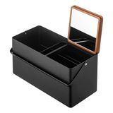 YAMAZAKI Home Tower Büyük Makyaj Düzenleyici Saplı Kozmetik Caddy Kapaklı Makyaj Saklama Çekmecesi - Çelik + Ahşap -, Siyah
