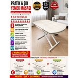 Yan Baştan Açılır Oval Akıllı Yemek Masası Mdf Traverten Tabla Alt Mekanizma Metal - TRAVERTEN-BEYAZ
