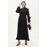 Yandan Bağcıklı Tesettür Elbise - Siyah - 48