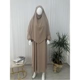 Yandan Büzgülü Elbise Sufle Esarp Takım Jilbab,abaya,hijab ( Hac ve Umre Için Uygundur) Bej - Standart