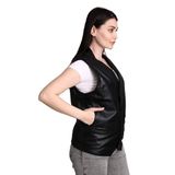 Yandan cepli hakiki deri uzun kadın yelek (Siyah, 4XL)