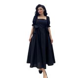 Yandan Fiyonklu Kare Yaka Kloş Poplin Elbise (Siyah, 2XL)