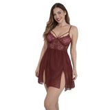 Yandan Yırtmaçlı ince Tül Detaylı Bordo Dantelli Şık Gecelik (Bordo, 2XL)