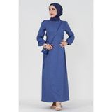 Yanı Bağcıklı Keten Elbise-Mavi - 40