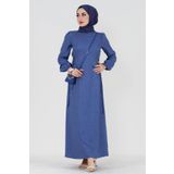 Yanı Bağcıklı Keten Elbise-Mavi