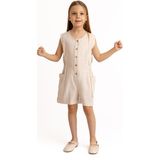Yanları Cepli Kısa Boy Keten Tulum Naturel - Krem - 3 - 4 Yaş