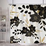 Yanutan Siyah Çiçek Duş Perdesi, Siyah Koyu Çiçekli Altın Yapraklar Banyo için Duş Perdesi Seti, Doğal Bitkiler Kancalı Kumaş Banyo Perdesi, 182 x 183 cm
