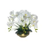 Yapay Çiçek 5li Beyaz Islak Orkide Metal Yuvarlak Eski Gold Vazoda Orkide 50cm