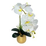 Yapay Çiçek Beyaz Islak Orkide Gold Metal Saksıda Seramik Saksıda Orkide 60cm