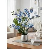 Yapay Çiçek Mavi 9 Dallı Islak Orkide Gümüş Metal Saksıda Saksıda Orkide 60cm