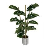 Yapay Çiçek Monstera Bambu Saplı Deve Tabanı Gümüş Saksılı Salon Çiçeği 18 Yaprak 80 cm