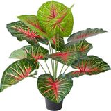 Yapay Çiçek Saksıda Tropik Kızıl Caladium 18 Dal 70 Cm Salon Çiçeği Yapay Bitki