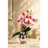 Yapay Çiçek Sitesi Metal Gümüş Küre Saksıda Orkide Tanzimi 43 cm Fuşya-Beyaz ycstanzimler-271