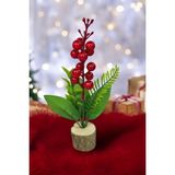 Yapay Çiçek Yılbaşı Çiçeği Kokinalı Kütük Saksılı Dekoratif Süs 20 cm - Kırmızı