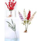 Yapay Çiçekçiniz Lüks Yapay Çiçek Aranjman Seti – 1 Adet Okaliptus Dalı + 3 Adet Delphinium Çiçeği + 7 Dallı Kırmızı Bahardalı Demeti