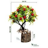 Yapay Çiçekçiniz Taş Detaylı Odun Saksıda Yapay Bonsai Ağacı Kırmızı