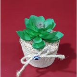 Yapay Mavi Eçeverya Sukulent Çiçek, Jüt Saksılı, Nazarlıklı, 10x9 cm, 1 Adet