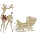 Yapay Noel Dekoru | Önceden Dizilmiş LED Işıklar ve Yer Kazıkları İçerir | Ren Geyiği ve Noel Baba Kızağı Yılbaşı Süsü - 1,2 m, Beyaz, Kırmızı, Yeşil