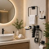 Yapışkanlı Banyo aksesuar seti,Fön makinesi tutacağı,tuvalet Kağıdı askısı,Sabunluk,Diş fırçalık,Kare Havlu askısı (Set2)