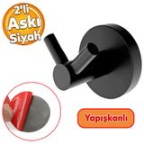 Yapışkanlı Siyah Renk Metal Sağlam Banyo Lavabo Çatal 2'li Askılık Aparat Bornoz Havlu Asma Askı