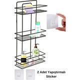 Yapıştırmalı Paslanmaz Siyah 3 Katlı Düz Banyo Köşeliği Şampuanlık Köşelik Banyo Rafı - Parlak Metal Eleksal