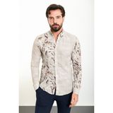 Yaprak Desenli Bej Slim Fit Uzun Kollu Gofre Erkek Gömlek