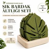 Yaprak Tasarımlı Bardak Altlığı Seti Standlı Dekoratif Ahşap Görünümlü Masa Koruyucu 6'lı