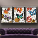 Yapraklı Taşlı Renkli Kelebekli Temalı Aynalı Çerçeveli 3 lü Kanvas Tablo Seti 150x70 cm SETS0245
