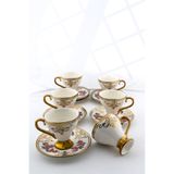 Yaren Style 6’lı Ayaklı Porselen Türk Kahvesi Fincanı 90 ml – Gold Detaylı, Çiçek Desenli, Tabaklı (12 Parça)