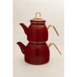Yaren Style Bordo Emaye Çaydanlık Takımı 2 Lt | Altın Renkli Metal Kulplu Retro Indüksiyon Taban