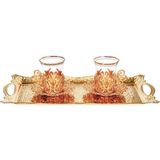 Yaren Style İkili Osmanlı Lale Dekorlu Gold Kuplu Çay Bardağı, Çay Kaşığı & Tepsili - 150 ml