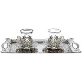 Yaren Style İkili Osmanlı Lale Dekorlu Kuplu Çay Bardağı, Çay Kaşığı & Tepsili - Gümüş - 150 ml