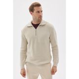 Yarım Fermuarlı Selanik Örgü Regular Fit Pamuklu Erkek Krem Triko Kazak - 2XL