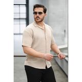 Yarım Oversize Apaş Yaka Kısa Kol Müslin Kumaş Erkek Gömlek - Bej - XL