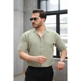 Yarım Oversize Apaş Yaka Kısa Kol Müslin Kumaş Erkek Gömlek - Haki - XL