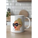 YasBey Design Bye Next Kadın Figürlü 330ML Baskılı Beyaz Seramik Kupa Bardak - 001 - Beyaz - 330 ml