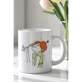 YasBey Design Çiçek Koklayan Kadın Figürlü 330ML Baskılı Beyaz Seramik Kupa Bardak - 001 - Beyaz - 330 ml