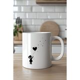 YasBey Design Kalpli Balon Tutan Kız Figürlü 330ML Baskılı Beyaz Seramik Kupa Bardak - 001 - Beyaz - 330 ml