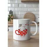 YasBey Design Kalpli Kupada Sevimli Kedi Desenli 330ML Baskılı Beyaz Seramik Kupa Bardak - 001 - Beyaz - 330 ml