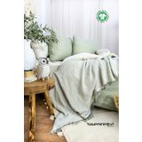YASEMİNİNEVİ Çağla Yeşili - Ekru Battal Boy Yatak Örtüsü 4 Kat Müslin 100% Pamuk