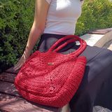 Yaso Shop Hasır Kağıt İp Kırmızı Omuz Çantası Hafif, Geniş, El Yapımı
