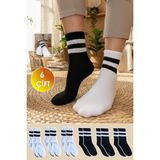 Yasyas 6 Çift Unisex Çizgili Tenis Kolej Çorap - 34 - 35 - Siyah - Beyaz