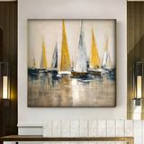 Yat Kanvası, Altın Gemi Resmi, Soyut Yelkenli Duvar Tablosu, - 80 x 80 - Çok Renkli