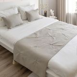 Yatak Runner & Iç Dolgulu Kırlent Seti Çift Kişilik Keten Püsküllü Taş Krem Püsküllü - 70 x 240 cm