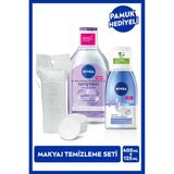Yatıştırıcı Micellar Makyaj Temizleme Suyu 400ml ve Göz Makyaj Temizleyici 125ml, Pamuk Hediye