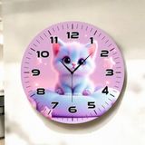 Yavru Kedi Pembe Renkli Baskı Desenli Sayılı Hediyelik Ahşap Sessiz Duvar Saati 45CM