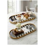 Yavuzhan Metal Gold Çerçeveli 2’li Siyah Desenli Dekoratif Oval Tepsi (13x30)